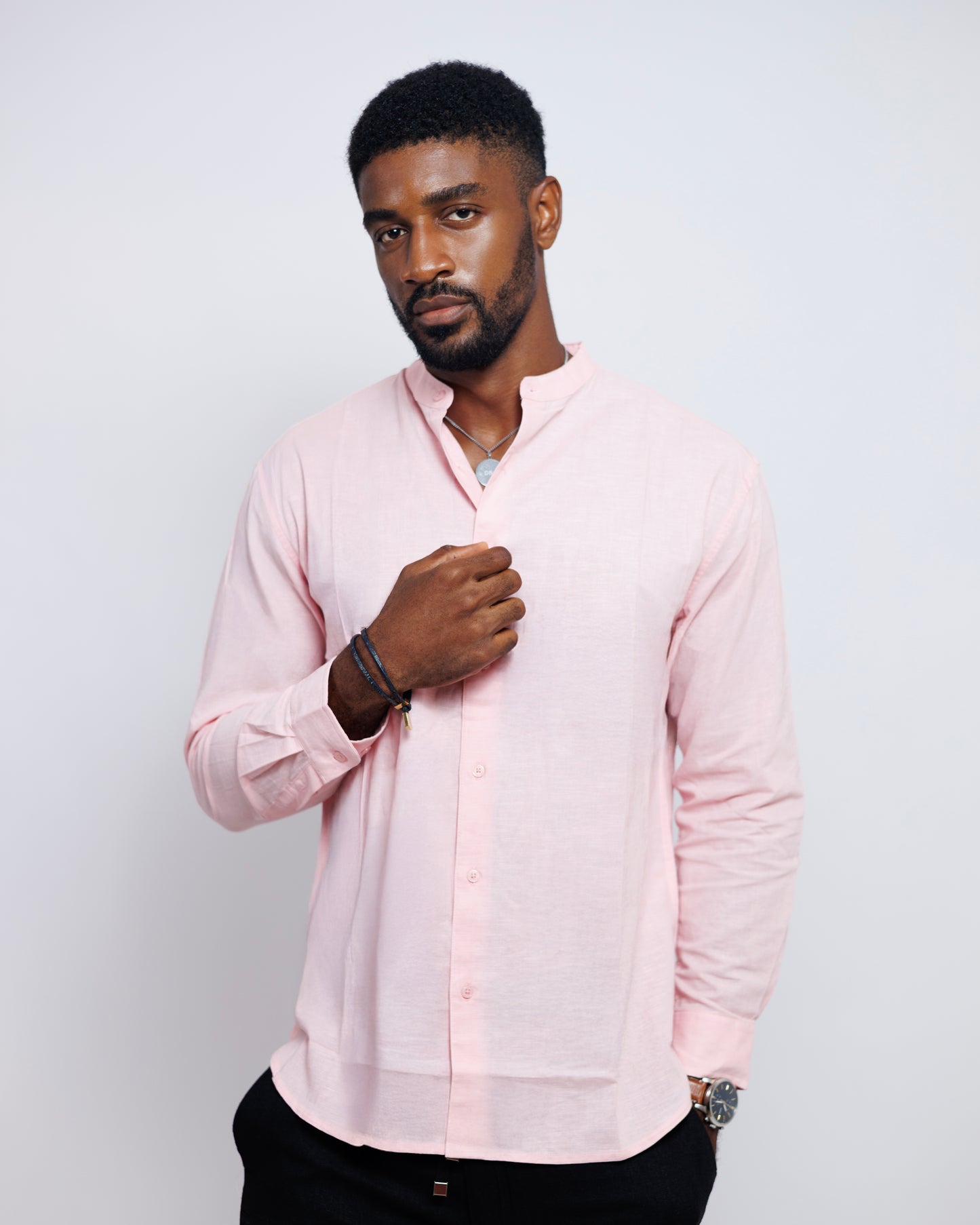 Bishop-Collar Linen Shirt in Pink