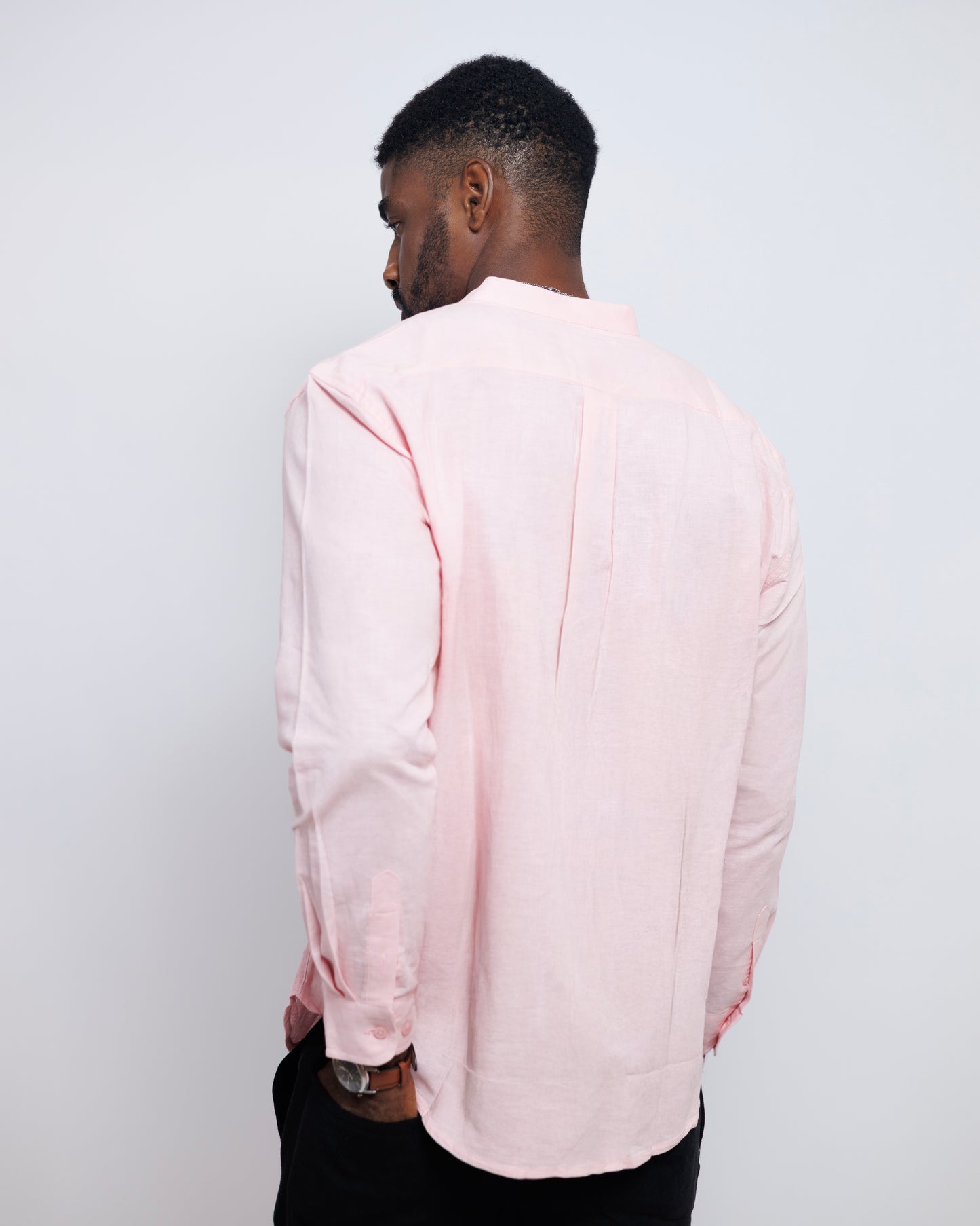 Bishop-Collar Linen Shirt in Pink