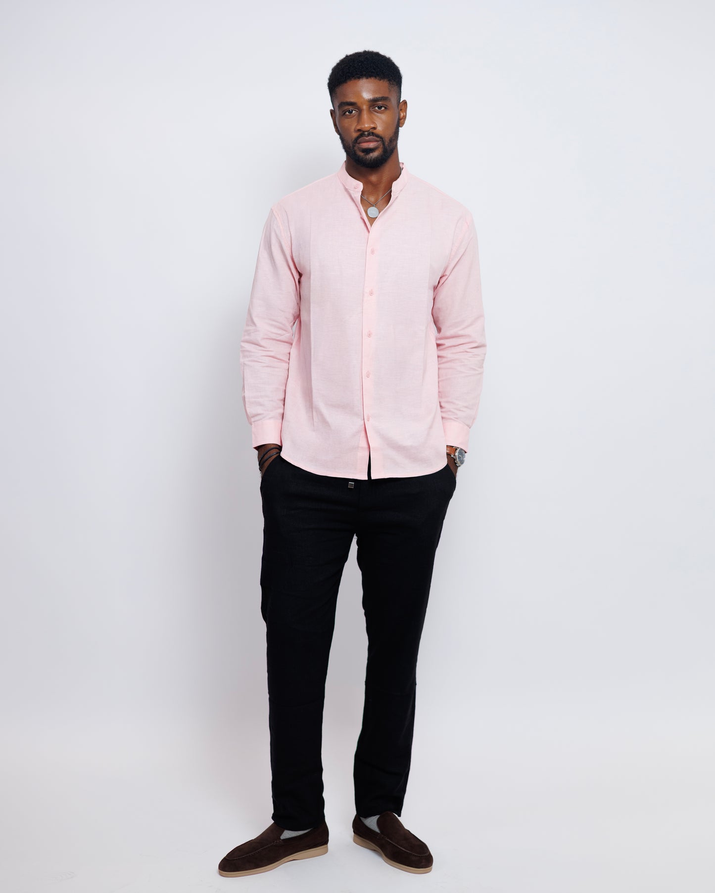 Bishop-Collar Linen Shirt in Pink
