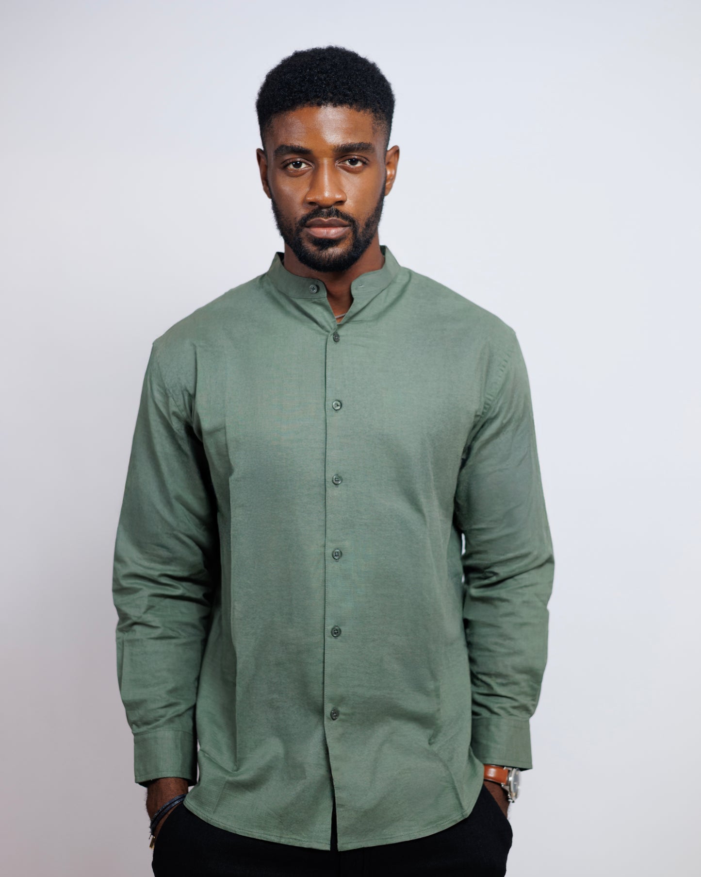 Bishop-Collar Linen Shirt in Khaki Green