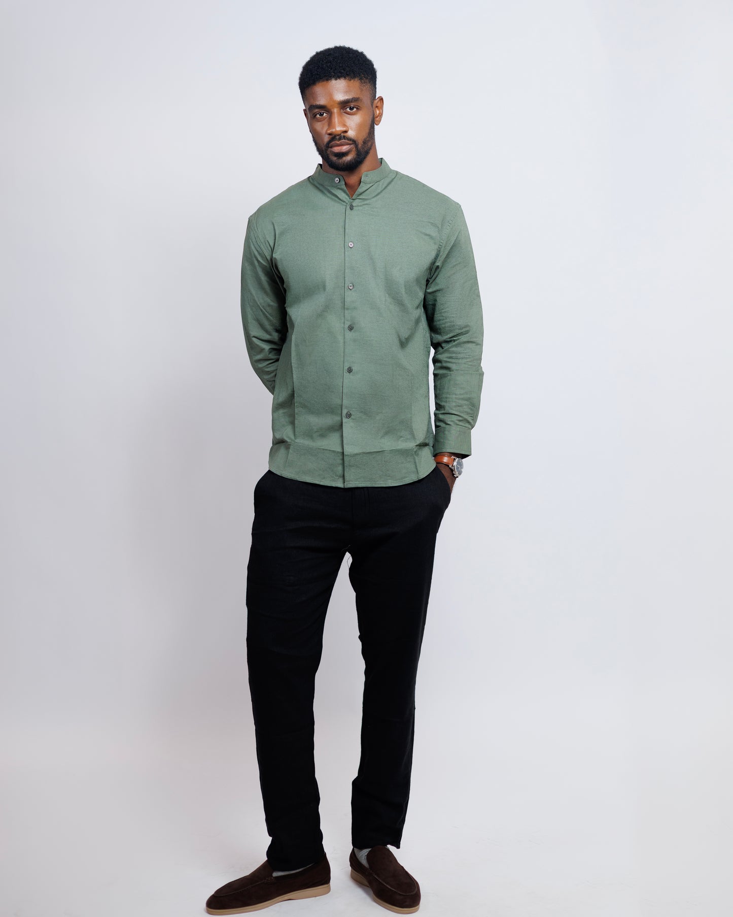 Bishop-Collar Linen Shirt in Khaki Green