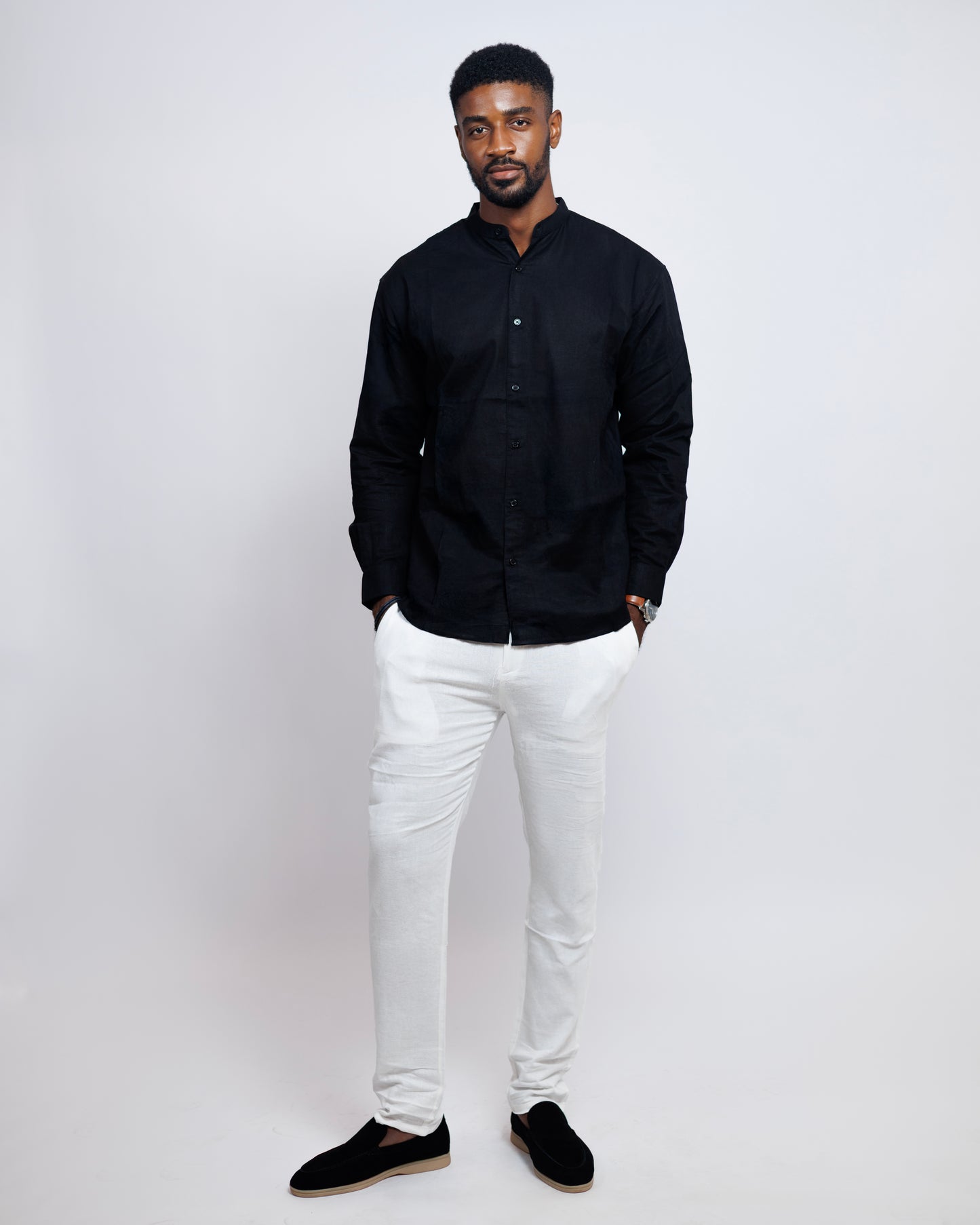 Bishop-Collar Linen Shirt in Black