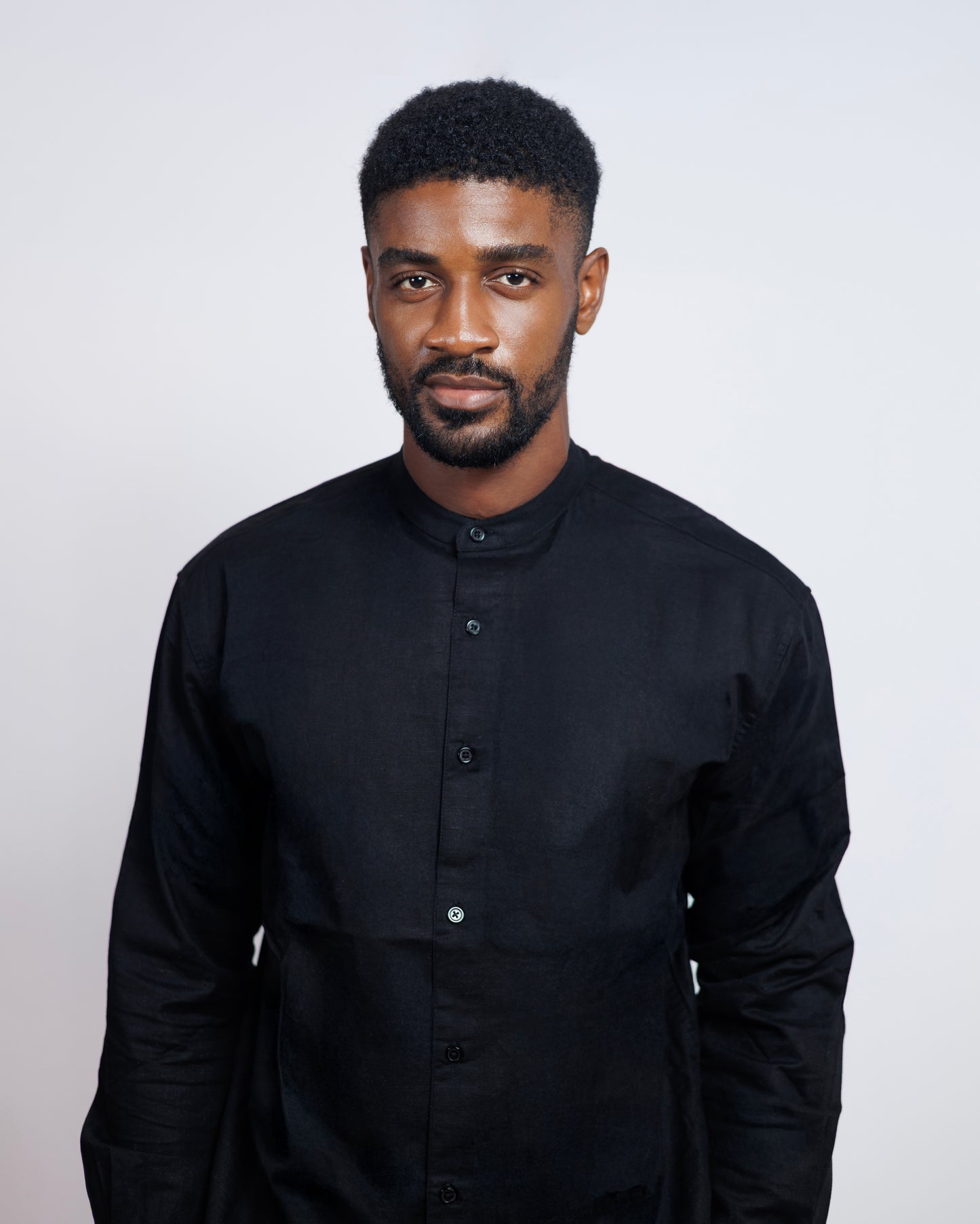 Bishop-Collar Linen Shirt in Black