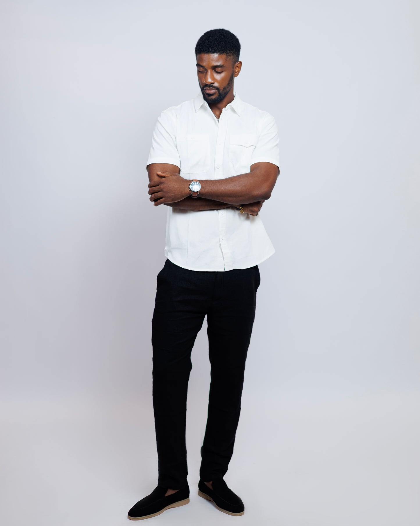 Structured Short-sleeved shirt with Double Chest Pockets in White