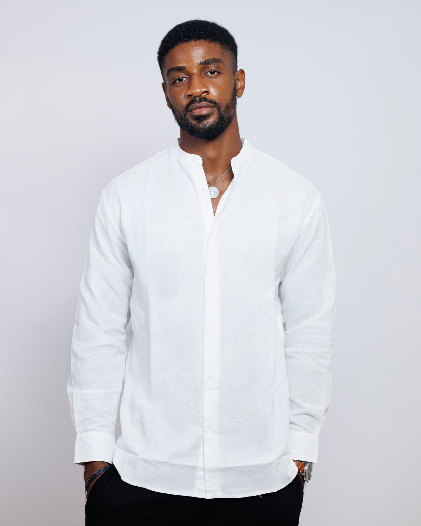 Bishop-Collar Linen Shirt in White