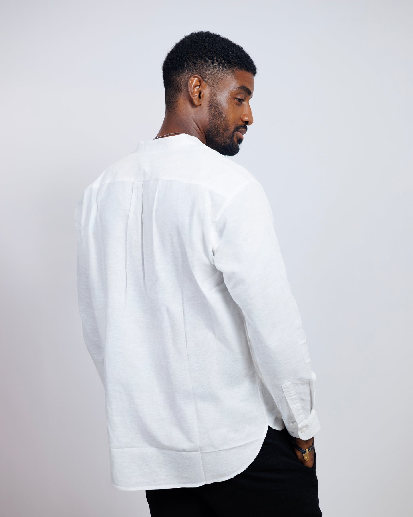 Bishop-Collar Linen Shirt in White