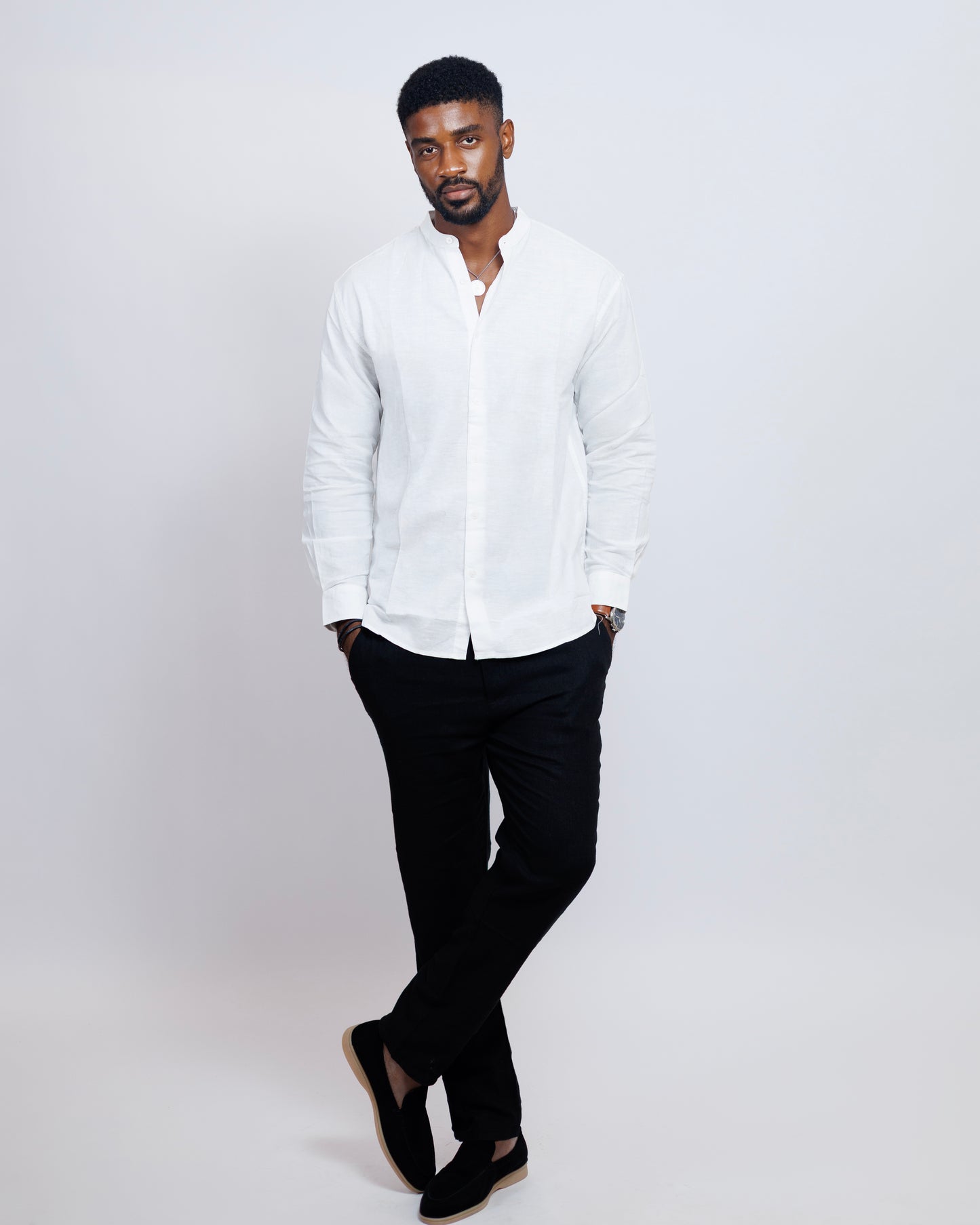 Bishop-Collar Linen Shirt in White