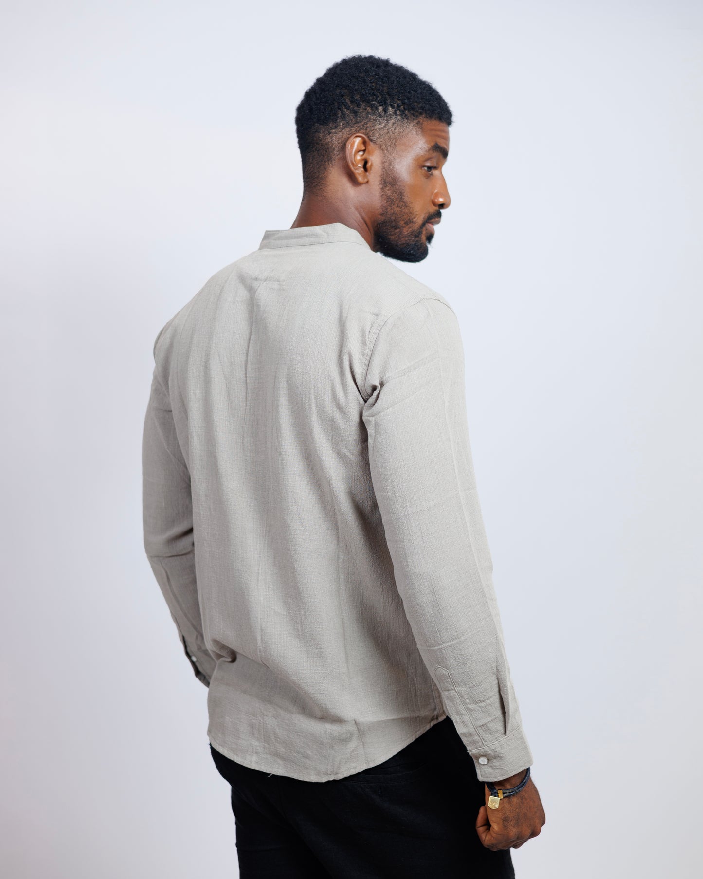 Old Eagle Mandarin Collar Shirt in Stone