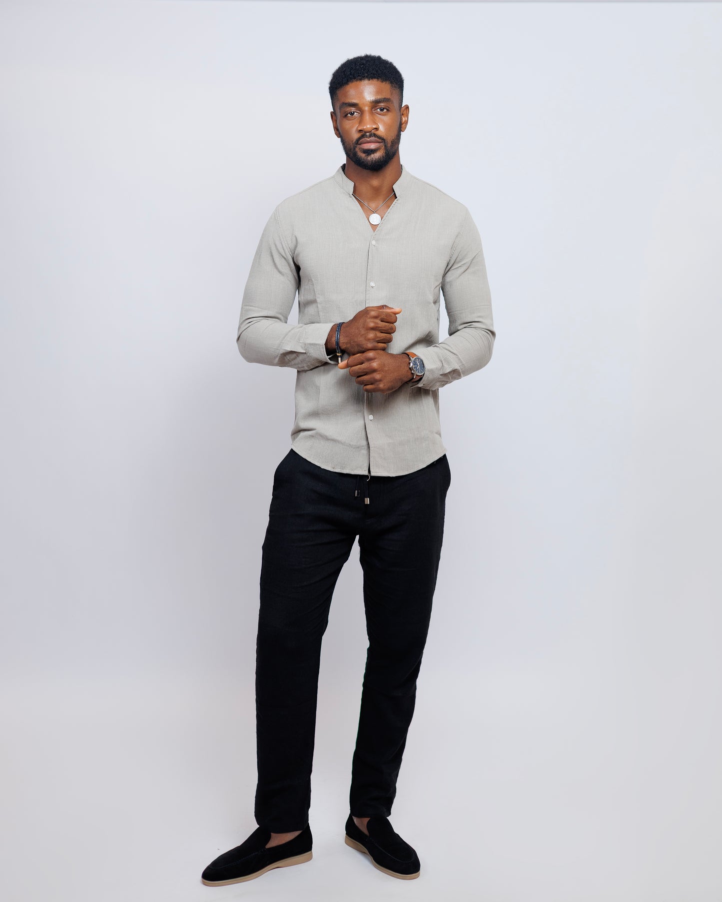 Old Eagle Mandarin Collar Shirt in Stone