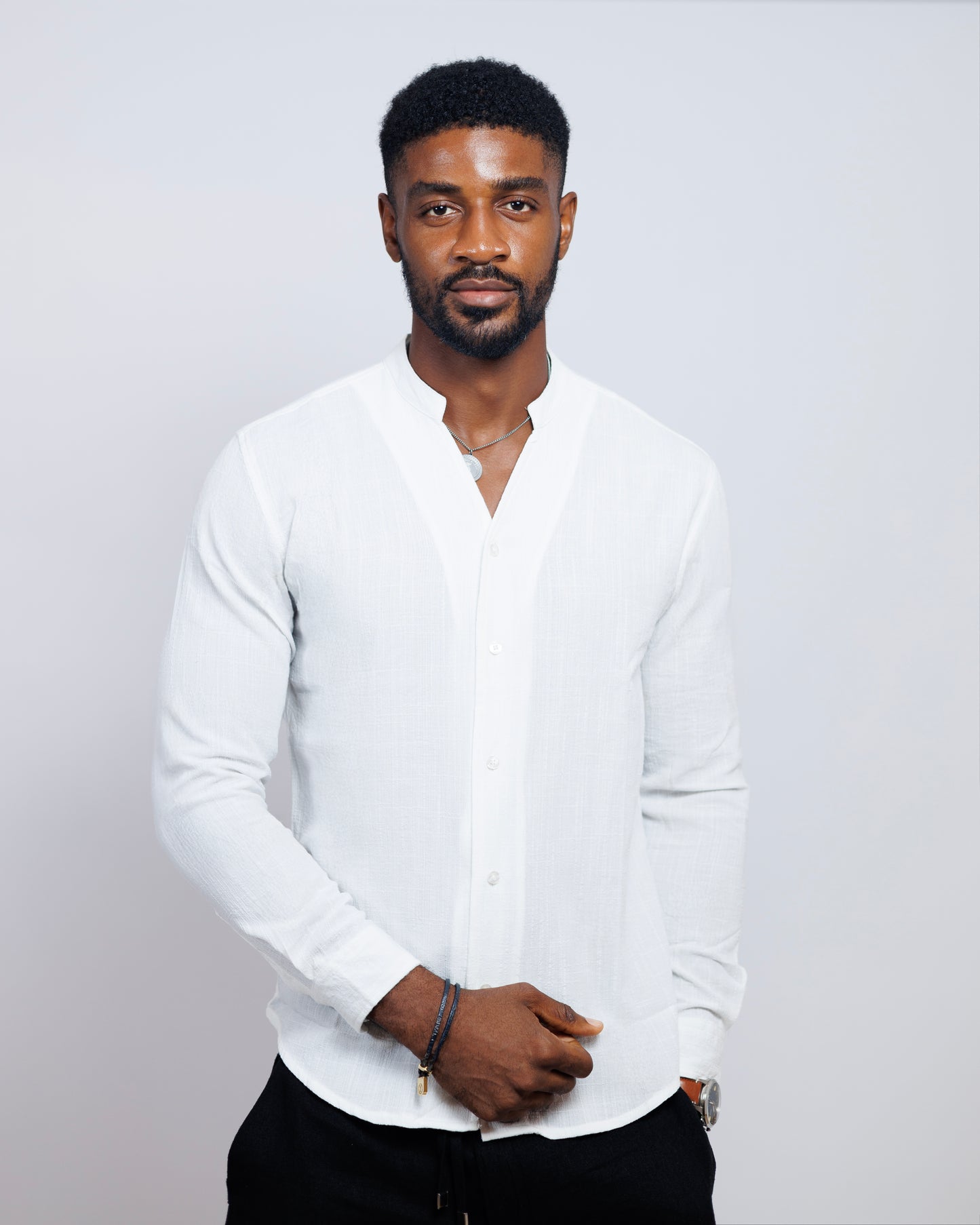 Old Eagle Mandarin Collar Shirt in White