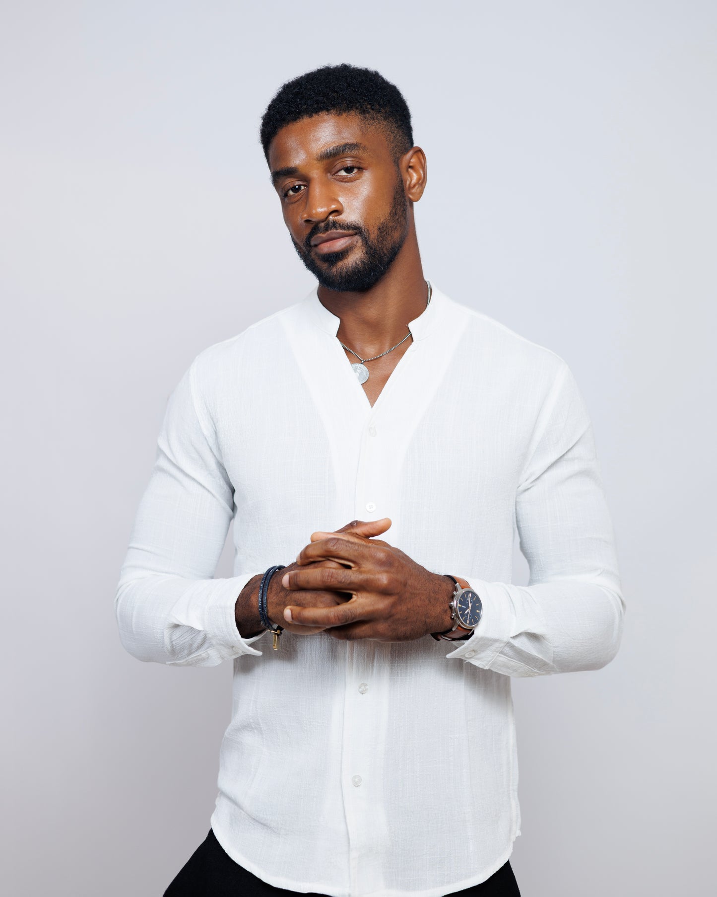 Old Eagle Mandarin Collar Shirt in White