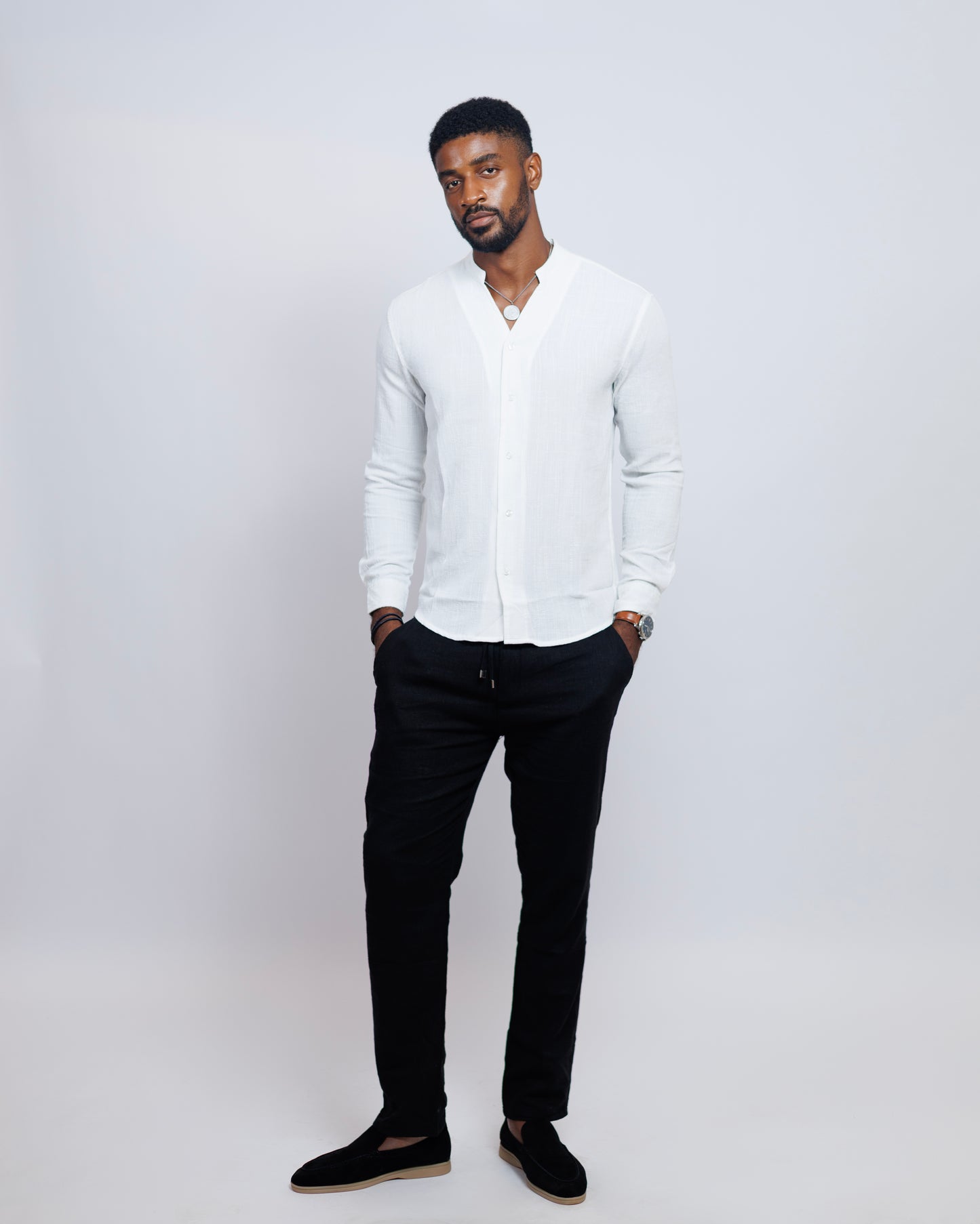 Old Eagle Mandarin Collar Shirt in White