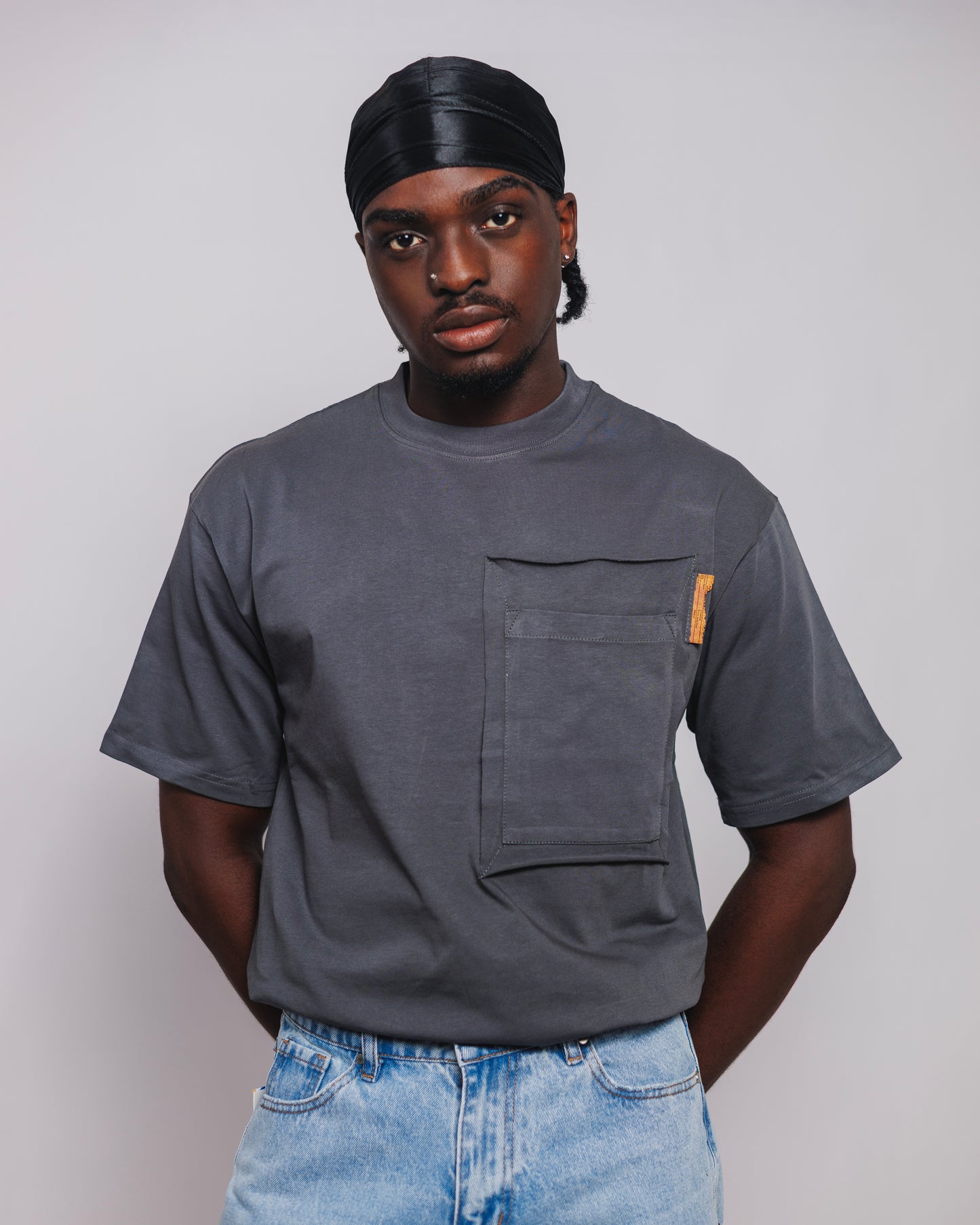 Old Eagle Relaxed Utility Pocket Tee in Charcoal Grey