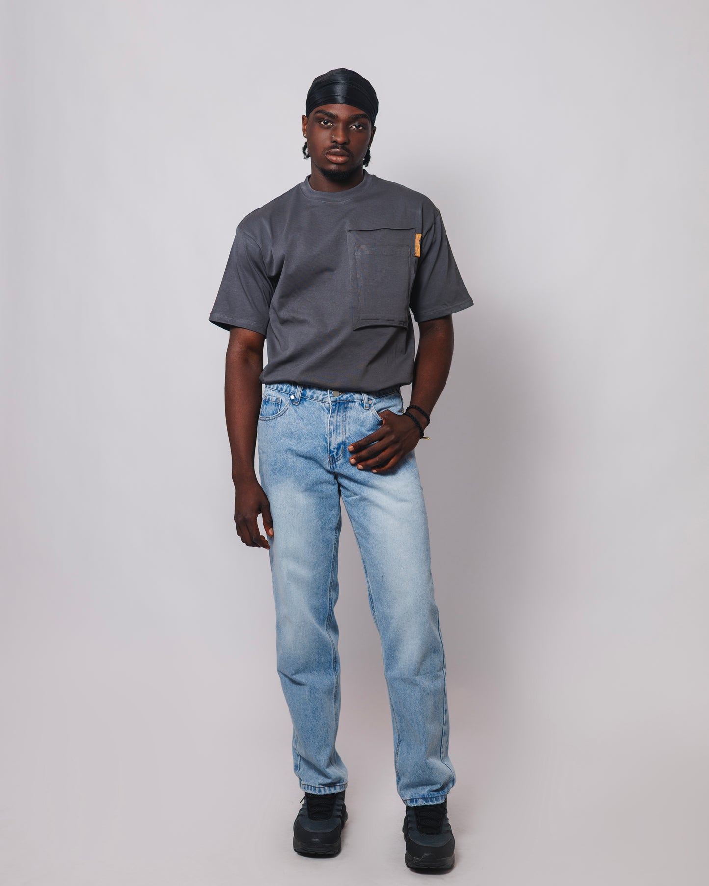 Old Eagle Relaxed Utility Pocket Tee in Charcoal Grey