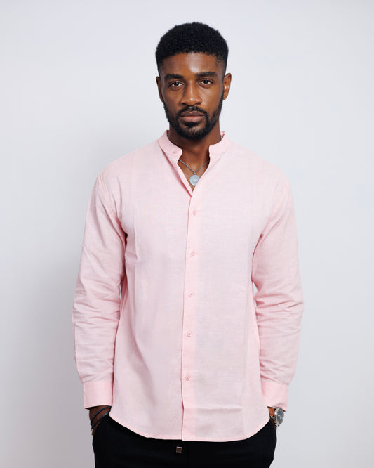 Bishop-Collar Linen Shirt in Pink
