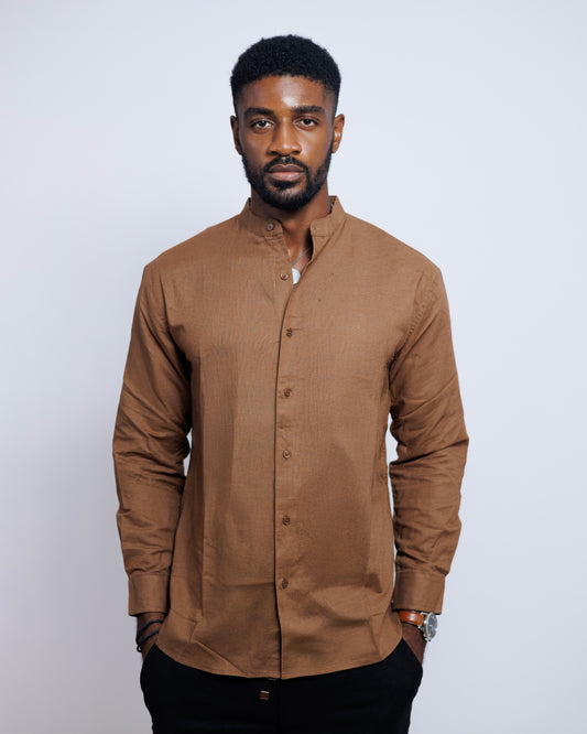 Bishop-Collar Linen Shirt in Coffee Brown