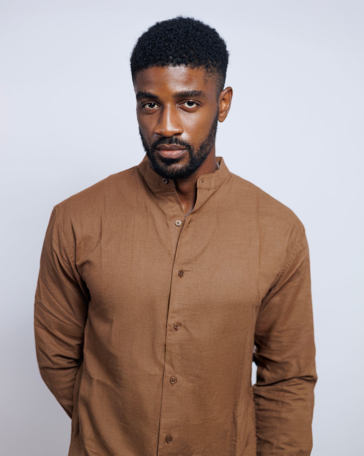 Bishop-Collar Linen Shirt in Coffee Brown