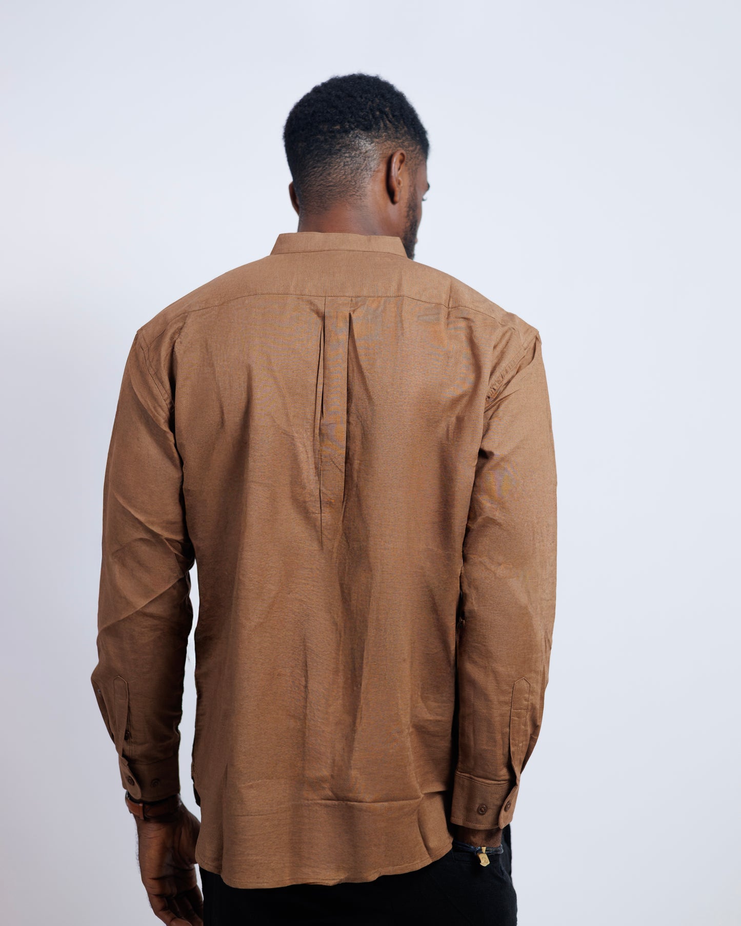 Bishop-Collar Linen Shirt in Coffee Brown