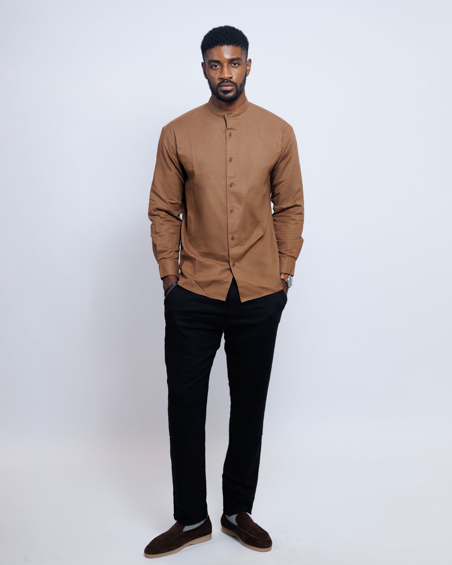 Bishop-Collar Linen Shirt in Coffee Brown