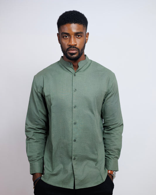 Bishop-Collar Linen Shirt in Khaki Green