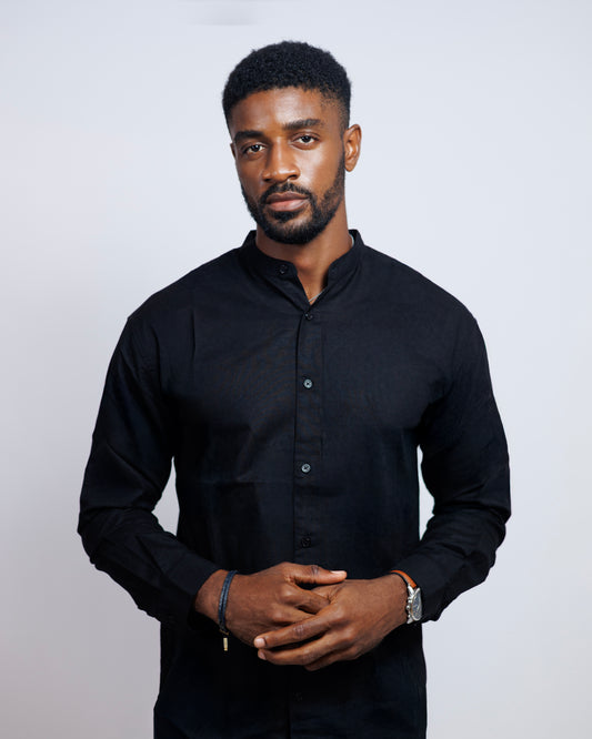 Bishop-Collar Linen Shirt in Black