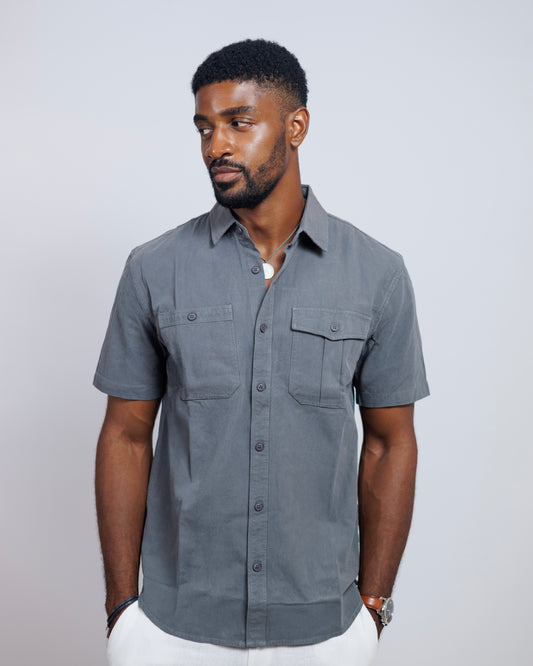 Structured Short-sleeved shirt with Double Chest Pockets in Charcoal Grey