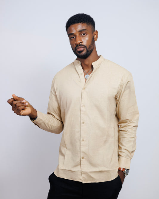 Bishop-Collar Linen Shirt in Beige