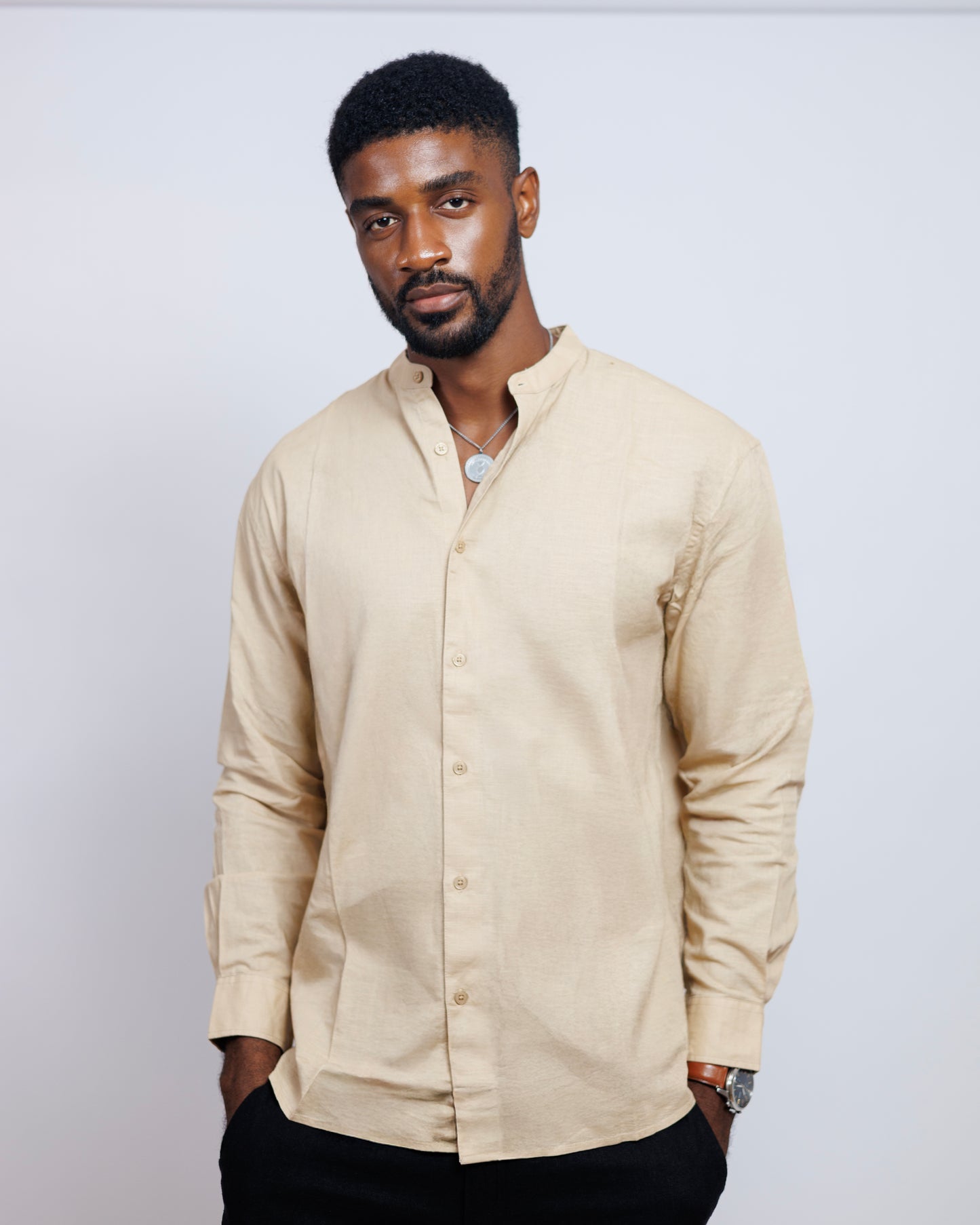 Bishop-Collar Linen Shirt in Beige