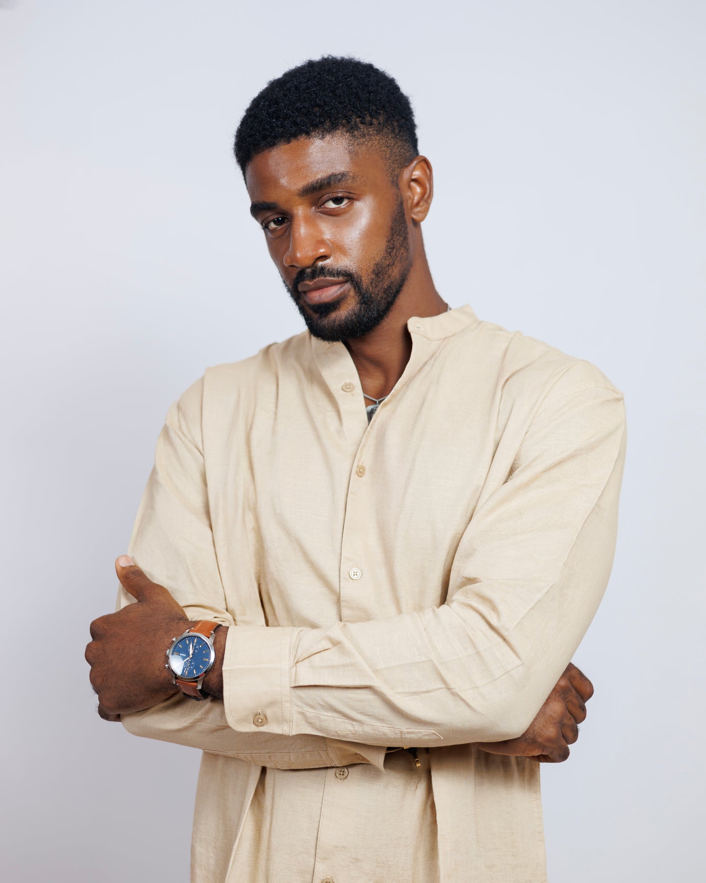 Bishop-Collar Linen Shirt in Beige