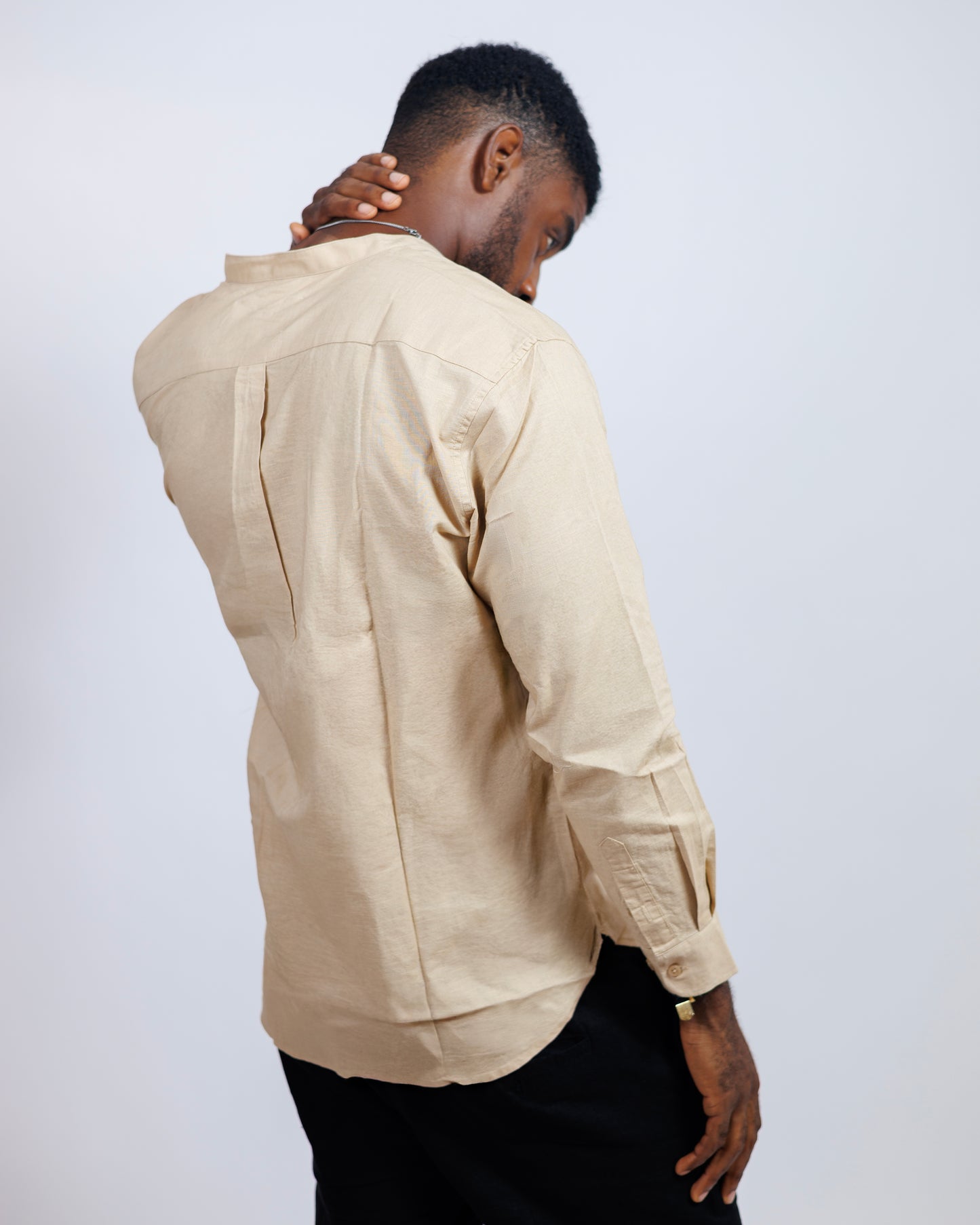 Bishop-Collar Linen Shirt in Beige
