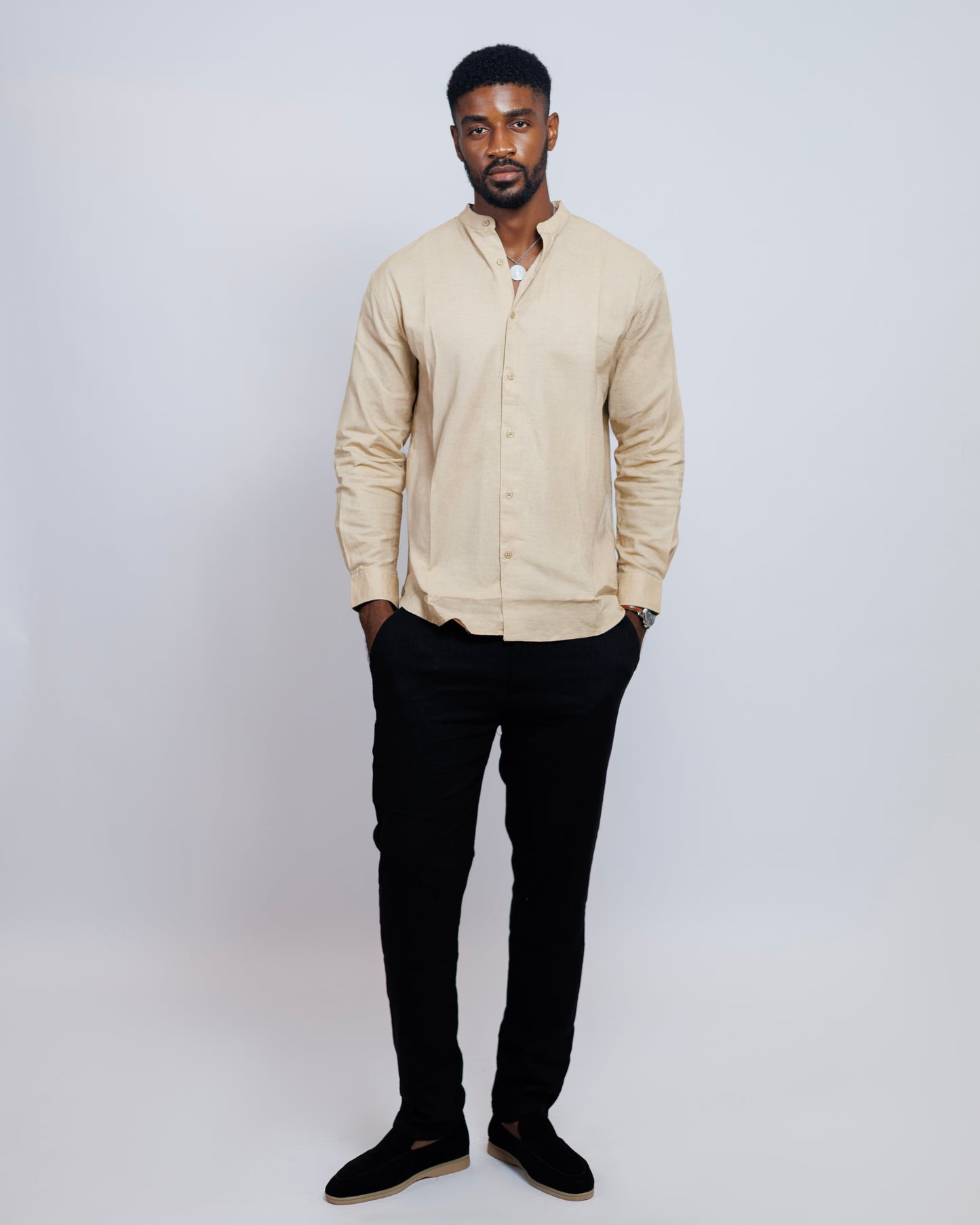 Bishop-Collar Linen Shirt in Beige