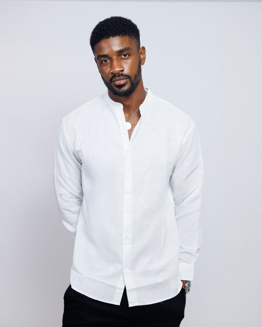 Bishop-Collar Linen Shirt in White