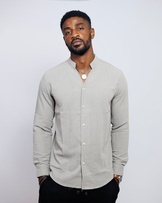 Old Eagle Mandarin Collar Shirt in Stone