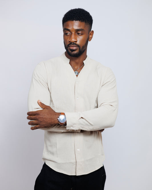 Old Eagle Mandarin Collar Shirt in Beige