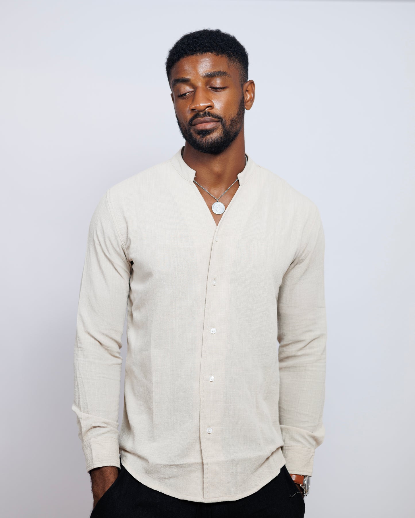 Old Eagle Mandarin Collar Shirt in Beige
