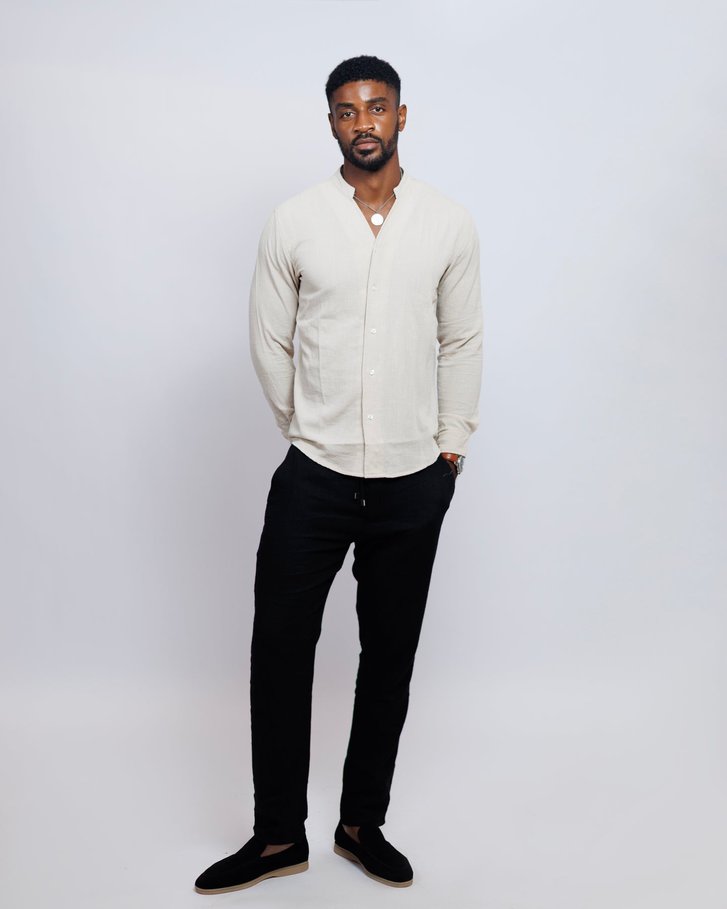 Old Eagle Mandarin Collar Shirt in Beige