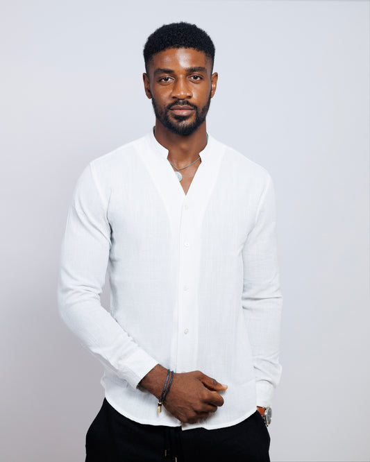 Old Eagle Mandarin Collar Shirt in White