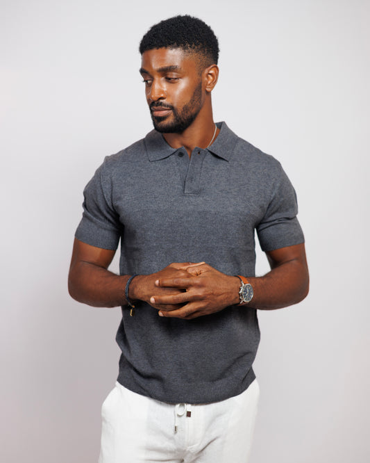 OOD Knitted Polo Shirt in Charcoal Grey