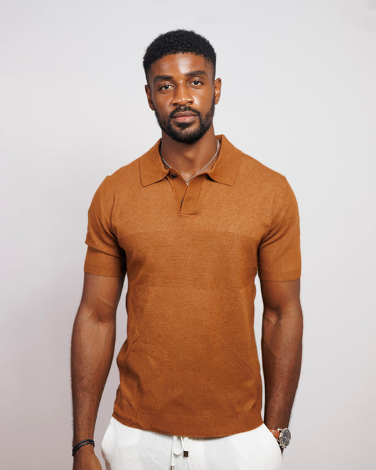 OOD Knitted Polo Shirt in Bronze Brown