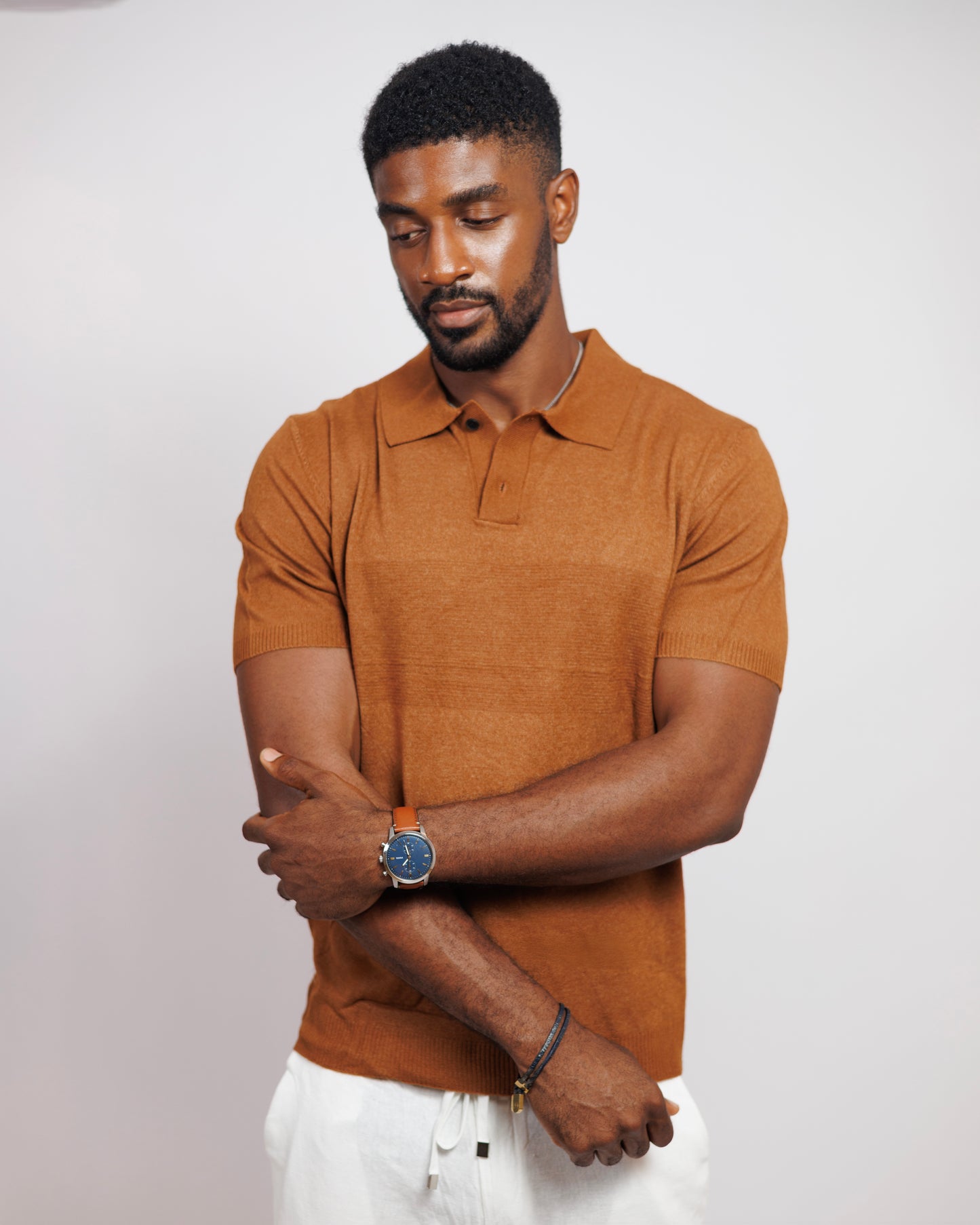 OOD Knitted Polo Shirt in Bronze Brown