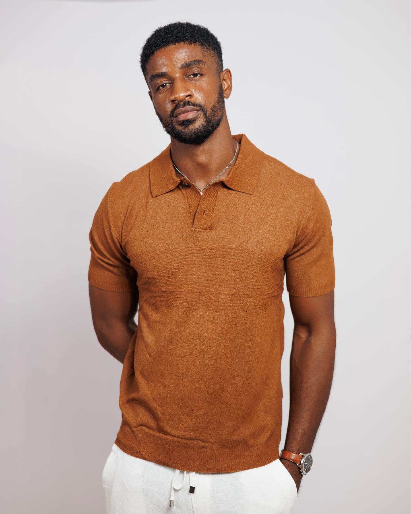 OOD Knitted Polo Shirt in Bronze Brown