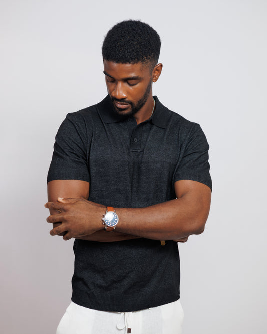 OOD Knitted Polo Shirt in Black