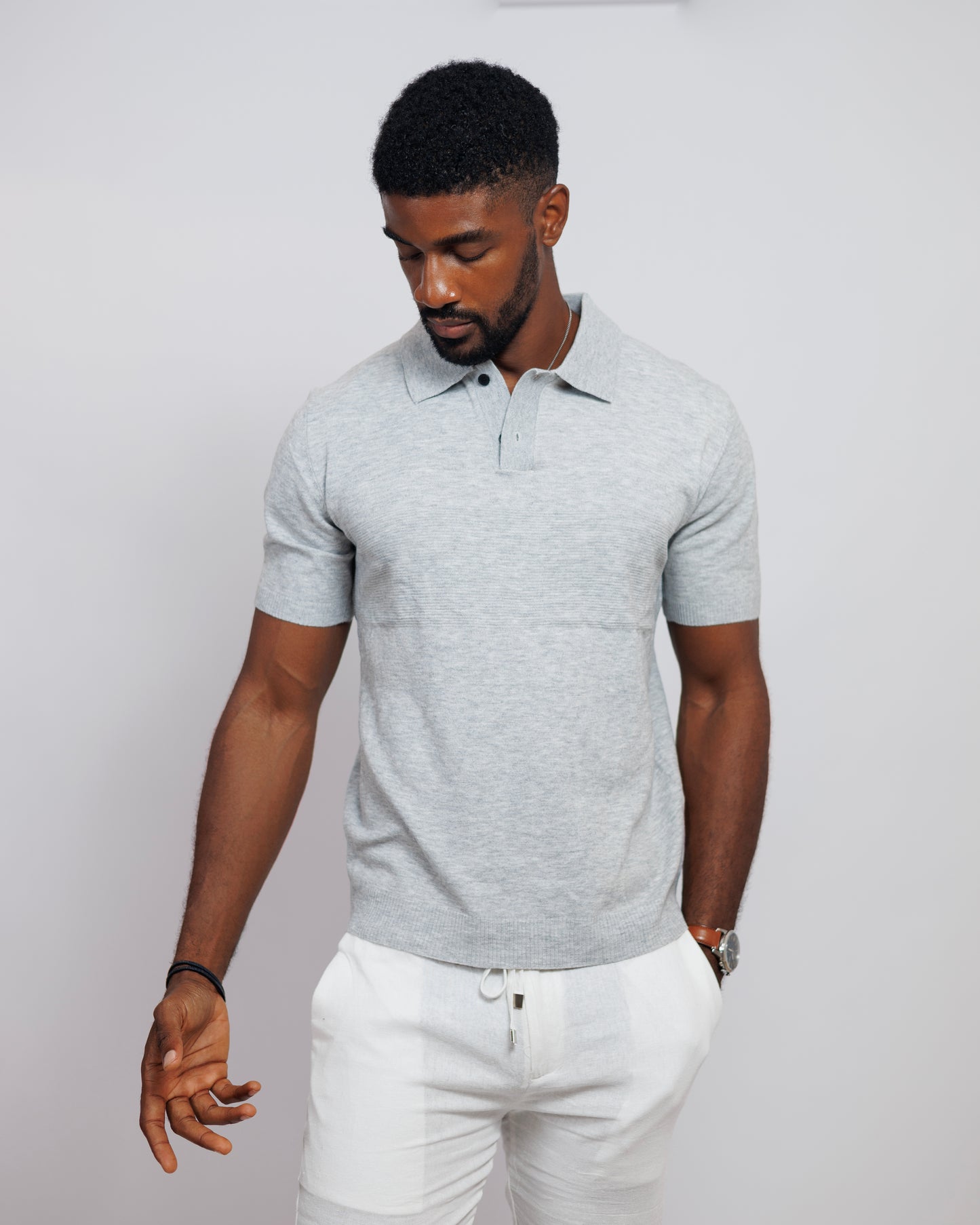 OOD Knitted Polo Shirt in Silver Grey
